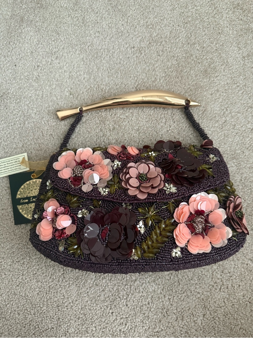 Handcrafted Embellished Floral Beaded Top-Handle Bag - Pink & Plum